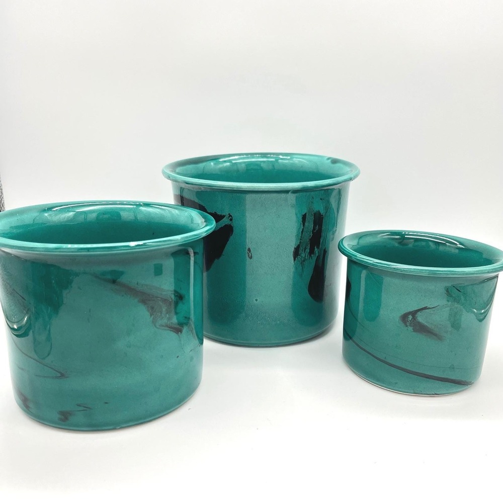 Vintage Italy‎ Marbled Teal and Black Ceramic Planter Crock Set of 3 Nesting